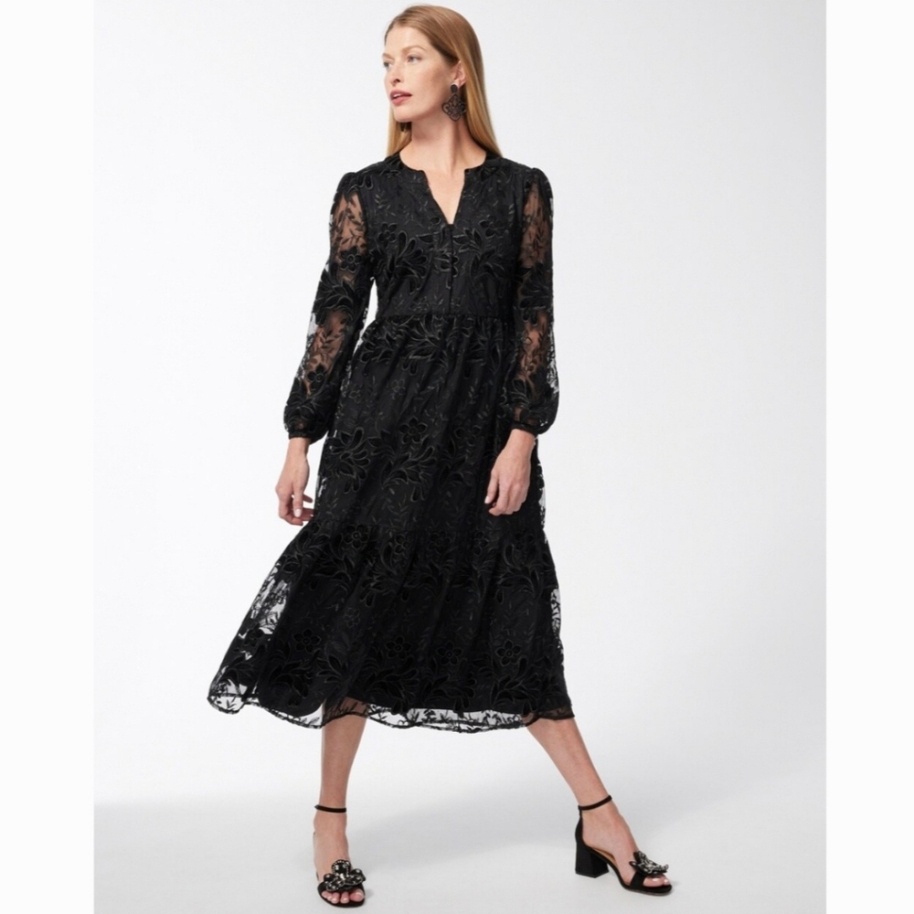 Chico's Burnout Floral Lace Midi Dress Black Special Occasion